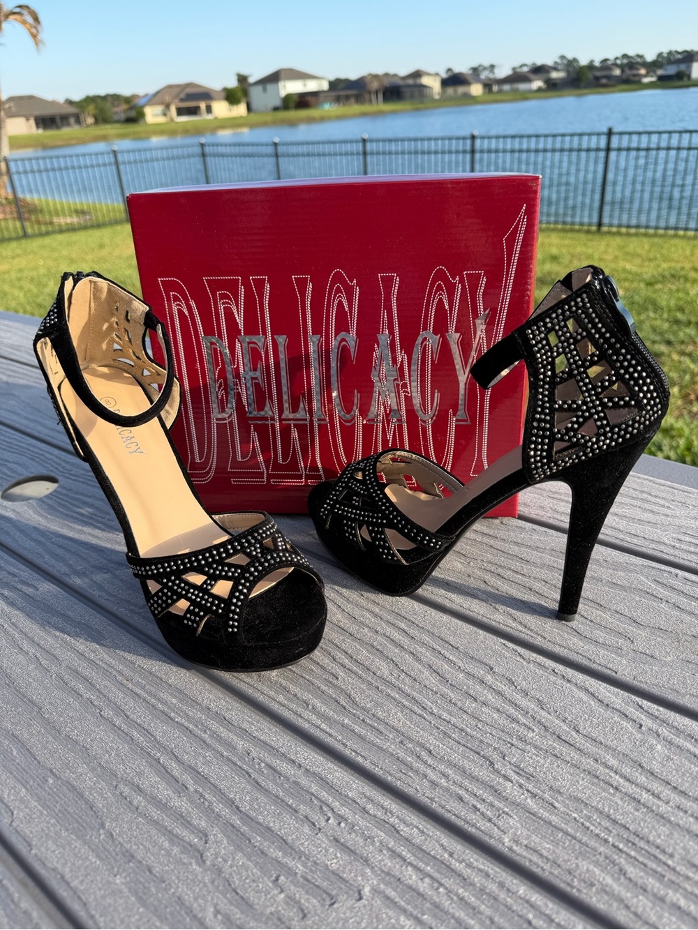 DELICACY IVETTA-22 BLACK STUDDED CUTOUT OPEN TOE PLATFORM ANKLE STRAP HEELS
